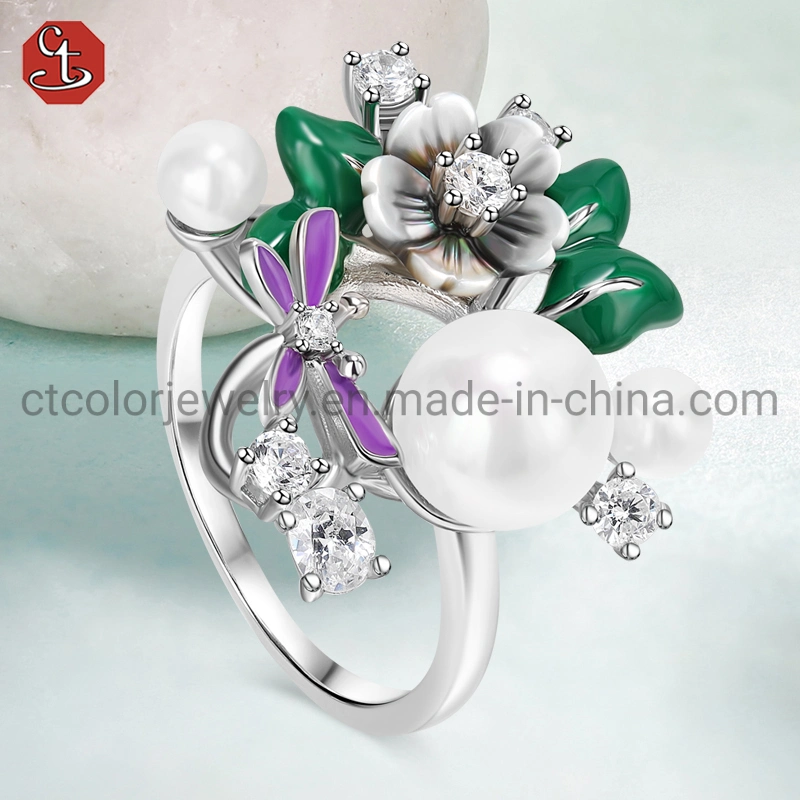 925 Sterling Silver Fine Jewelry Mop Enamel Flower Rings Fashion Jewelry