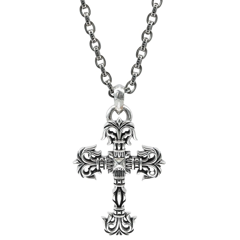 Sterling Silver Cross Necklace Trendy Hip Hop Street Accessories Male Thai Silver Retro Pendant