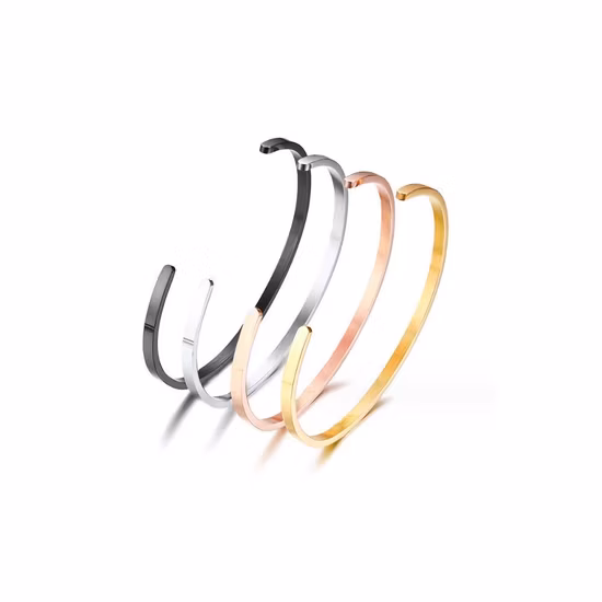 Pulseira aberta de aço inoxidável personalizada de fábrica, proteção ambiental, galvanoplastia, anti