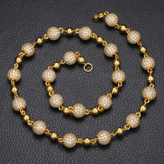 Novo design de corrente 10mm com corrente de miçangas geladas 18k latão banhado a ouro aaaaa cz diamante atacado joias da moda